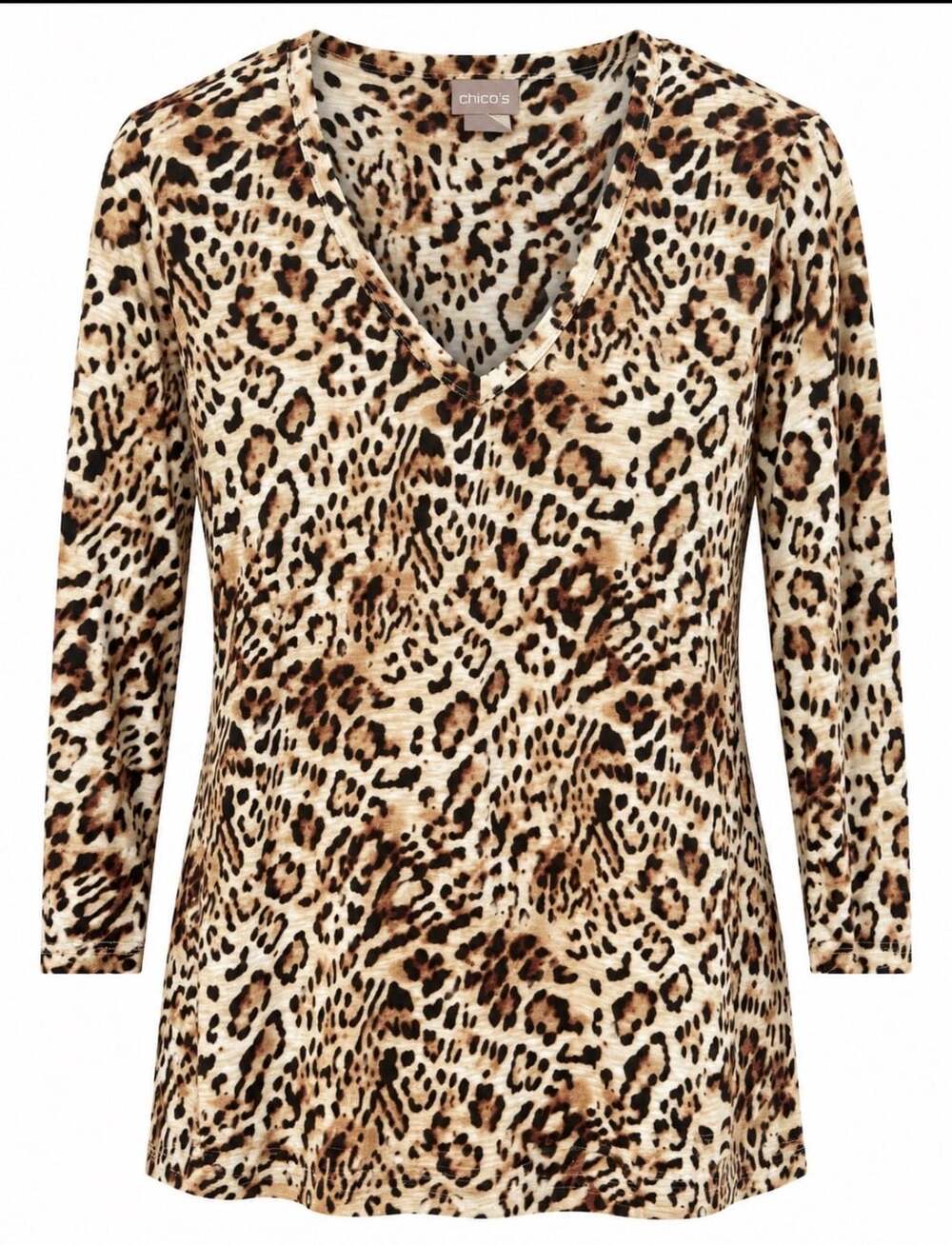 Chico's Touch of Cool Cheetah V-Neck Tee Size 1 M Brown Animal Print